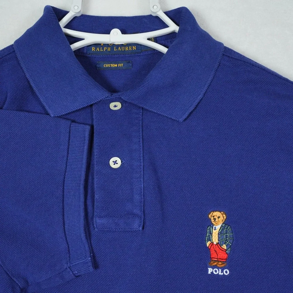 Polo Ralph Lauren Mens Custom Fit Preppy Polo Bear Shirt Blue Short Sleeve Small